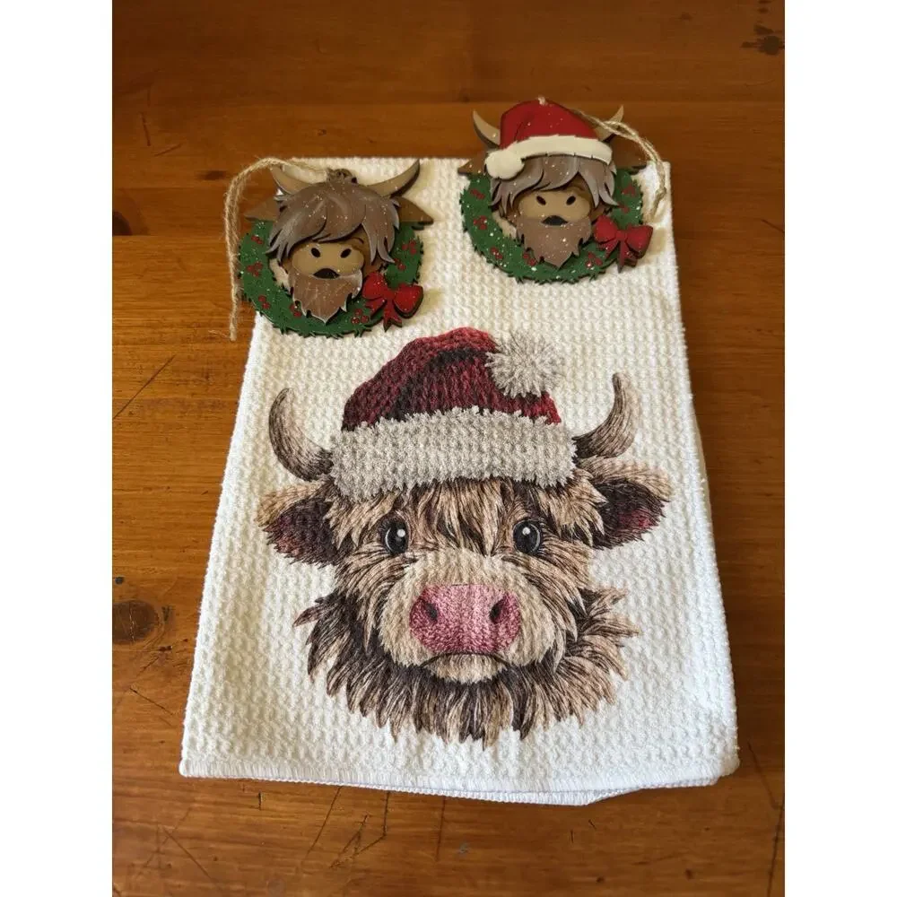 Highland Cow Christmas Kitchen Towel & Ornament Bundle Farmhouse Holiday Decor